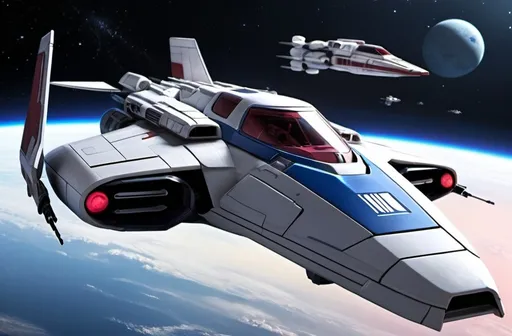 Prompt: (Subaru-inspired Star Wars spacecraft), (snubfighter for rebels or New Republic), large rear wings resembling spoilers, sleek and aerodynamic design, vibrant blue and sakura red tones inspired by WRX STI, futuristic cockpit, space backdrop with distant stars, focused details on wings and contours, high quality, ultra-detailed, dynamic and adventurous atmosphere, blending automotive elements with sci-fi aesthetics, front of fighter with Subaru hood scoop similar to A-wing of Rebel Alliance, looks sleek and quick