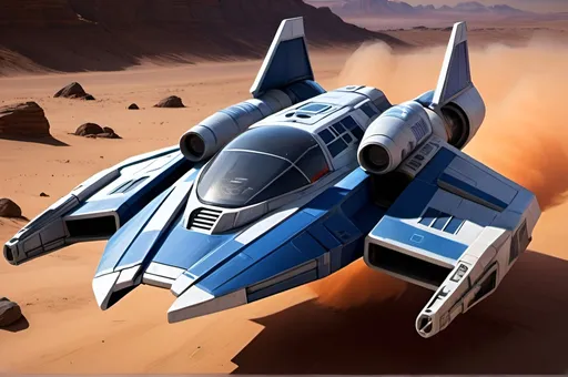 Prompt: (Subaru-inspired Star Wars spacecraft), (snubfighter for rebels or New Republic), large rear wings resembling spoilers, sleek and aerodynamic design, vibrant blue tones inspired by WRX, futuristic cockpit, space backdrop with distant stars, focused details on wings and contours, high quality, ultra-detailed, dynamic and adventurous atmosphere, blending automotive elements with sci-fi aesthetics, front of fighter with Subaru hood scoop similar to A-wing of Rebel Alliance, looks sleek and quick