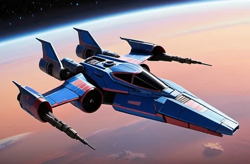 Prompt: (Subaru-inspired Star Wars spacecraft), (snubfighter for rebels or New Republic), large rear wings resembling spoilers, sleek and aerodynamic design, vibrant blue and sakura red tones inspired by WRX STI, futuristic cockpit, space backdrop with distant stars, focused details on wings and contours, high quality, ultra-detailed, dynamic and adventurous atmosphere, blending automotive elements with sci-fi aesthetics, front of fighter with Subaru hood scoop similar to A-wing of Rebel Alliance, looks sleek and quick