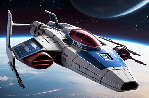 Prompt: (Subaru-inspired Star Wars spacecraft), (snubfighter for rebels or New Republic), large rear wings resembling spoilers, sleek and aerodynamic design, vibrant blue and sakura red tones inspired by WRX STI, futuristic cockpit, space backdrop with distant stars, focused details on wings and contours, high quality, ultra-detailed, dynamic and adventurous atmosphere, blending automotive elements with sci-fi aesthetics, front of fighter with Subaru hood scoop similar to A-wing of Rebel Alliance, looks sleek and quick