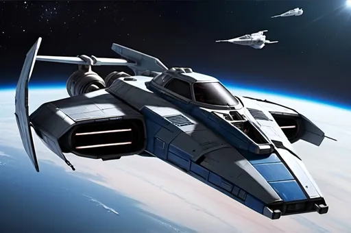 Prompt: (Subaru-inspired Star Wars spacecraft), (snubfighter for rebels or New Republic), large rear wings resembling spoilers, sleek and aerodynamic design, vibrant blue tones inspired by WRX, futuristic cockpit, space backdrop with distant stars, focused details on wings and contours, high quality, ultra-detailed, dynamic and adventurous atmosphere, blending automotive elements with sci-fi aesthetics, front of fighter with Subaru hood scoop similar to A-wing of Rebel Alliance, looks sleek and quick