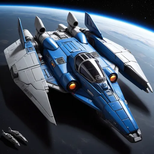 Prompt: (Subaru-inspired Star Wars spacecraft), (snubfighter for rebels or New Republic), large rear wings resembling spoilers, sleek and aerodynamic design, vibrant blue tones inspired by WRX, futuristic cockpit, space backdrop with distant stars, focused details on wings and contours, high quality, ultra-detailed, dynamic and adventurous atmosphere, blending automotive elements with sci-fi aesthetics, front of fighter with Subaru hood scoop similar to A-wing of Rebel Alliance, looks sleek and quick