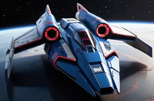 Prompt: (Subaru-inspired Star Wars spacecraft), (snubfighter for rebels or New Republic), large rear wings resembling spoilers, sleek and aerodynamic design, vibrant blue and sakura red tones inspired by WRX STI, futuristic cockpit, space backdrop with distant stars, focused details on wings and contours, high quality, ultra-detailed, dynamic and adventurous atmosphere, blending automotive elements with sci-fi aesthetics, front of fighter with Subaru hood scoop similar to A-wing of Rebel Alliance, looks sleek and quick