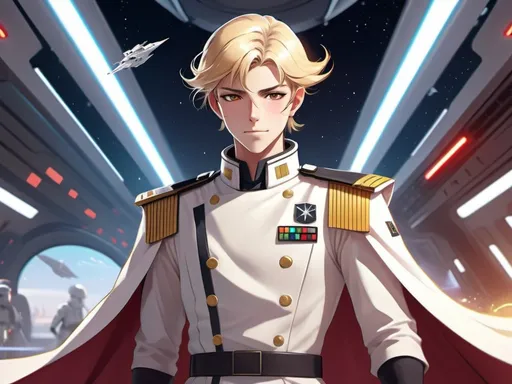 Prompt: (Anime style), Male admiral in a vibrant star wars inspired (blond hair), dressed in a crisp, stylish white uniform, dynamic pose radiating commanding authority, futuristic setting with sleek starships in the background, (energetic) ambiance, surrounded by soft ethereal lights and colors, high detail, (4K), cinematic elements enhancing the visual appeal.