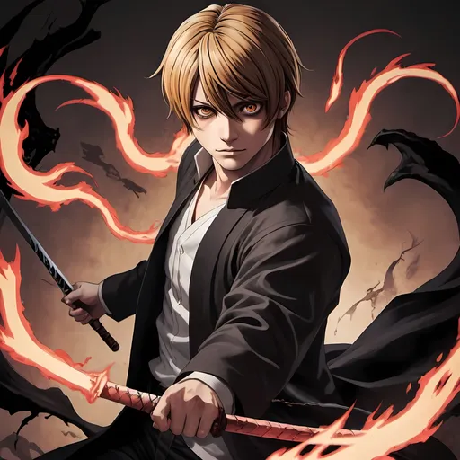 Prompt: Create an image of light yagami                as a Death Hashira in Demon Slayer where His face and eyes should be in the art style of Demon Slayer, featuring sharp, expressive details and dramatic shading and He should wear a traditional Hashira uniform with dark, dramatic elements that reflect his intellectual and intense personality, blending his original style with the demon-slaying theme. The background should be a stylized, ethereal landscape that complements his new role