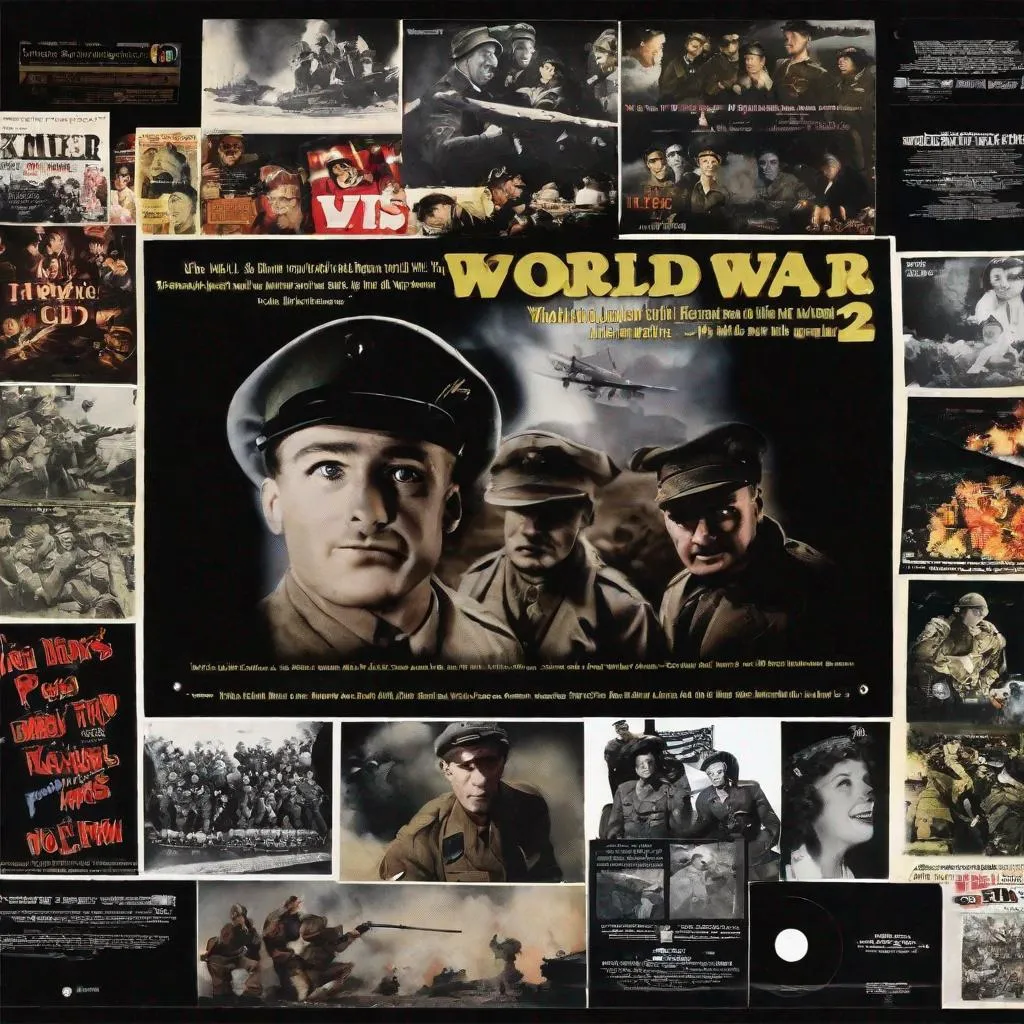 Prompt:  WORLD WAR 2 IN FILM, CDS, vhs, BLACK BACKGROUND WORLD WAR 2 IN FILM, CDS, vhs, BLACK BACKGROUND