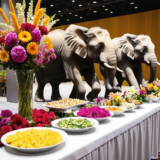 Prompt: 
Buffet at convention center with flowers and elephants