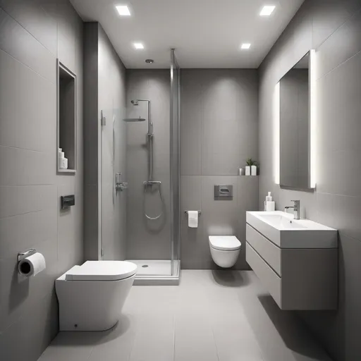 Prompt: Plan drawing of a combined bathroom and toilet corridor, blueprint style, detailed fixtures and fittings, high quality, modern architectural design, clean lines, minimalist style, monochromatic color scheme, natural lighting