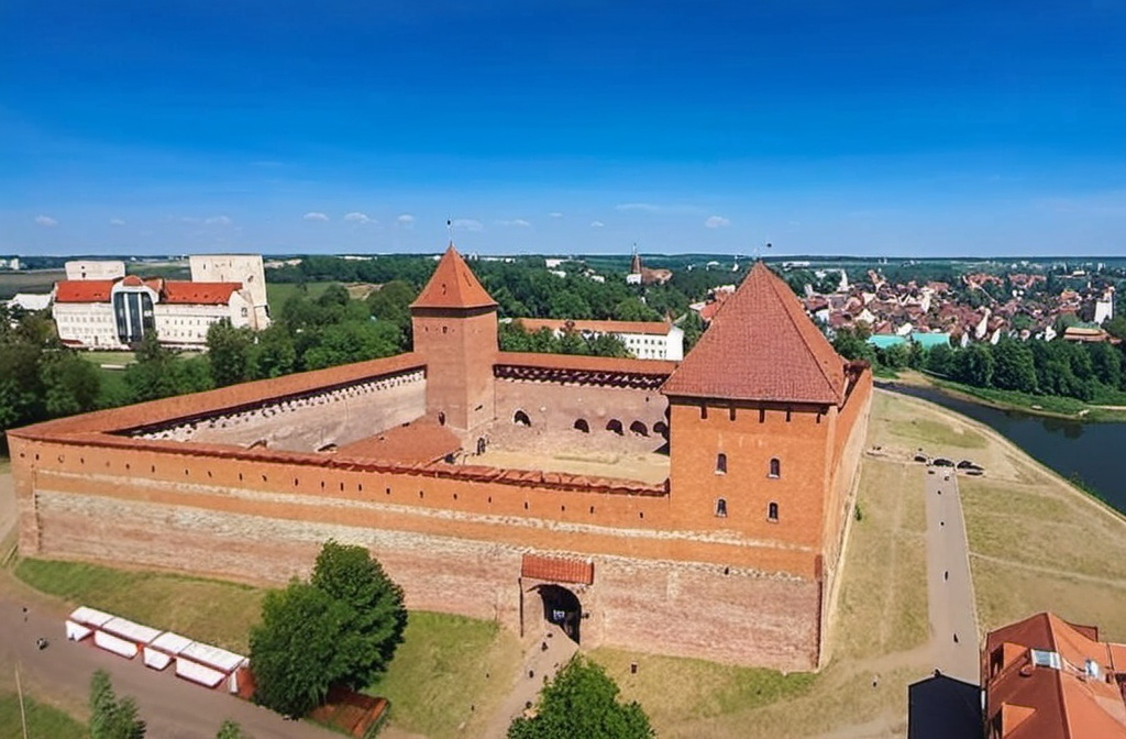 Prompt: a large brick building with a tower and a clock on it's side near a river and a city from the 12th century, Boleslaw Cybis, antipodeans, medieval, a tilt shift photo, top view