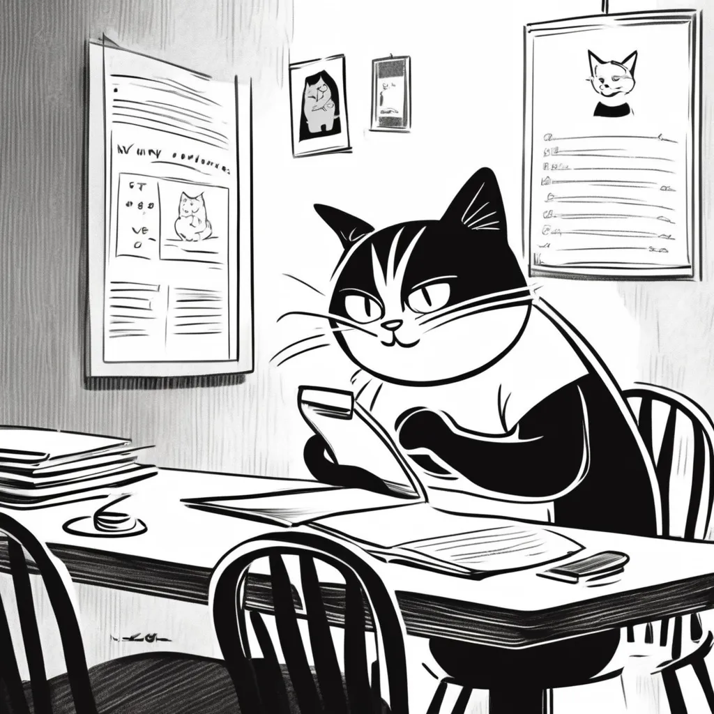 Prompt: One cat seating at the table and writing text on the paper. There is a coffee cup on the table.
Cat are in cartoon style, and b&w only.