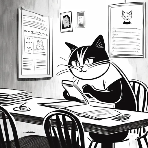 Prompt: One cat seating at the table and writing text on the paper. There is a coffee cup on the table.
Cat are in cartoon style, and b&w only.