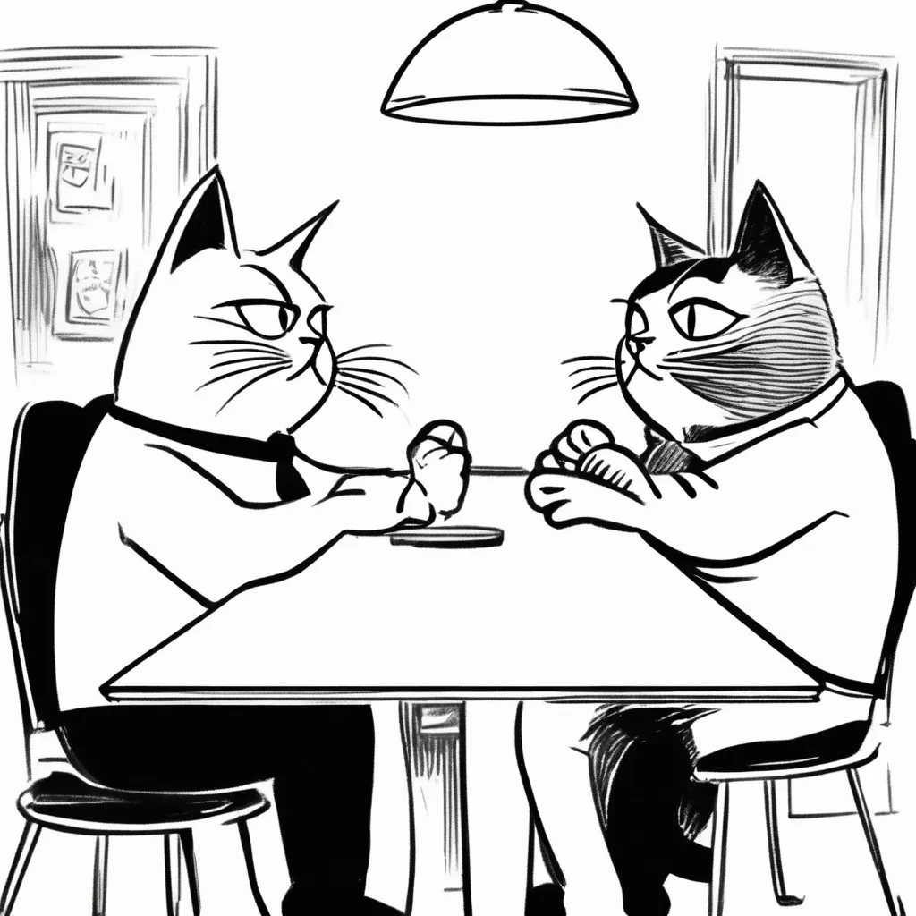 Prompt: Generate two cats seating at the table in front to each other, one cat is interviewer,  another is candidate for job position.
The cat(s) on the picture should be in cartoon style and greyscale, i.e. black and white colours only. The pic is more comics styled., less details, more like caricature. Less details, just a contours.