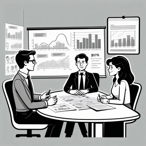 Prompt: Generate picture of people in interview in cartoon style and greyscale colours and people more comics styled.  Picture should have less details, more like caricature. Less details, just a contours, like air around.
Man looking at the table with chart and analysing the data