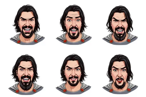 Prompt: comic book male superhero Overweight Man adf63bd4 with long dark hair, beard, gray suit with 'o' emblem, red boots, white cape A composition featuring six different facial expressions of the character, from shoulders up, arranged in a grid pattern on a white background. The expressions include: Laughing: Wide smile, eyes crinkled, exuberant joy. Crying: Tears streaming, furrowed brows, open mouth. Angry: Furrowed brows, clenched teeth, intense gaze. Shy: Slight blush, eyes averted, small smile. Surprised: Raised eyebrows, wide eyes, open mouth. Scared: Wide eyes, open mouth, tense facial muscles. Character details remain consistent across all expressions with shoulders visible to frame the face. Each expression is clear and easily recognizable against the clean white background.