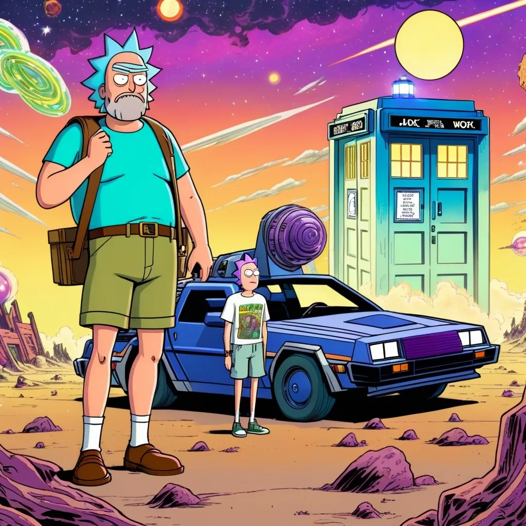 Prompt: Rick and Morty ship, and a Tardis in the background, in the foreground a bearded chubby man in Cargo shorts and a t-shirt with purple hair, with a DeLorean, in the style of Jack Kirby and Wally Wood, 1940s vintage comic, faded colors