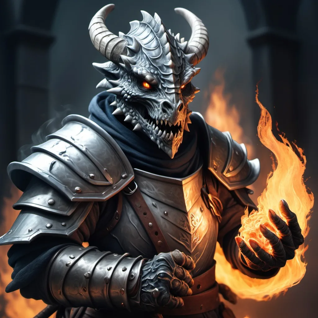 Prompt: hyper-realistic paladin theif dragonborn character with fire hands, fantasy character art, illustration, dnd, cold tone