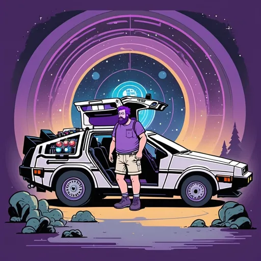 Prompt: 2d flat art, The Tardis in the background, in the foreground a bearded chubby man in Cargo shorts and a t-shirt with purple hair, with a DeLorean with a time travel tunnel, vector art