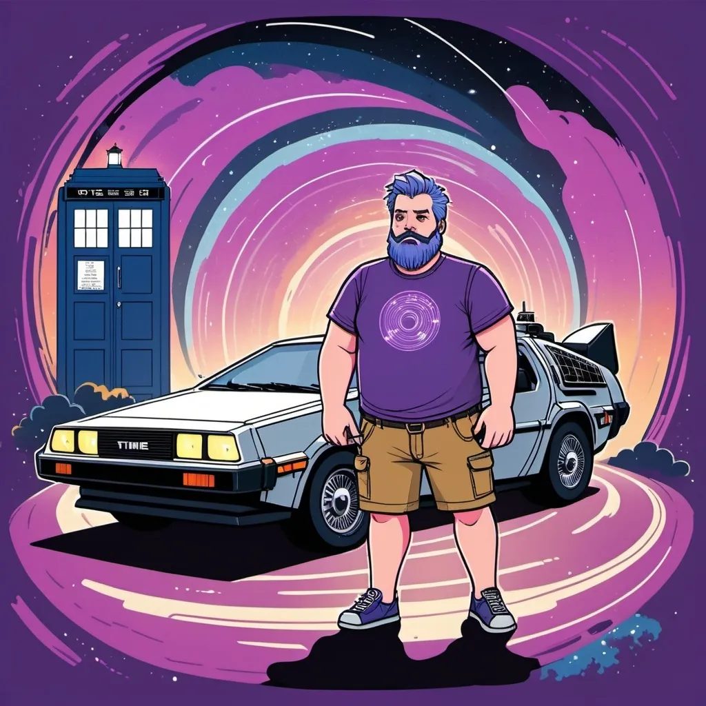 Prompt: 2d flat art, The Tardis in the background, in the foreground a bearded chubby man in Cargo shorts and a t-shirt with purple hair, with a DeLorean with a time travel tunnel, vector art