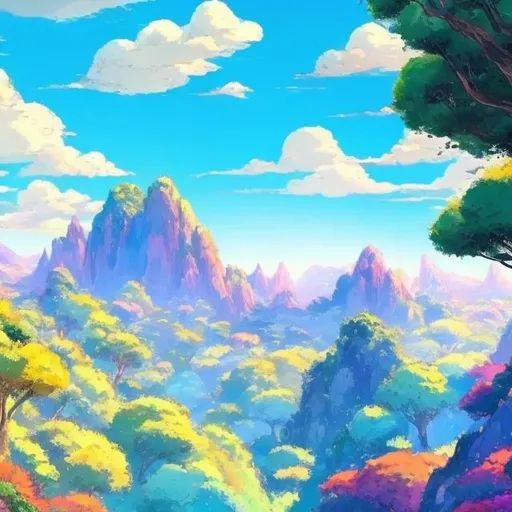 Prompt: disney landscape, beautiful, studio ghibli, 8 k, vibrant mountain trees sky fun happy colors 