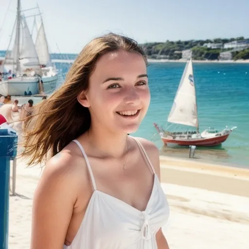 Prompt: Young woman in love with a beach and sailing boats in the background