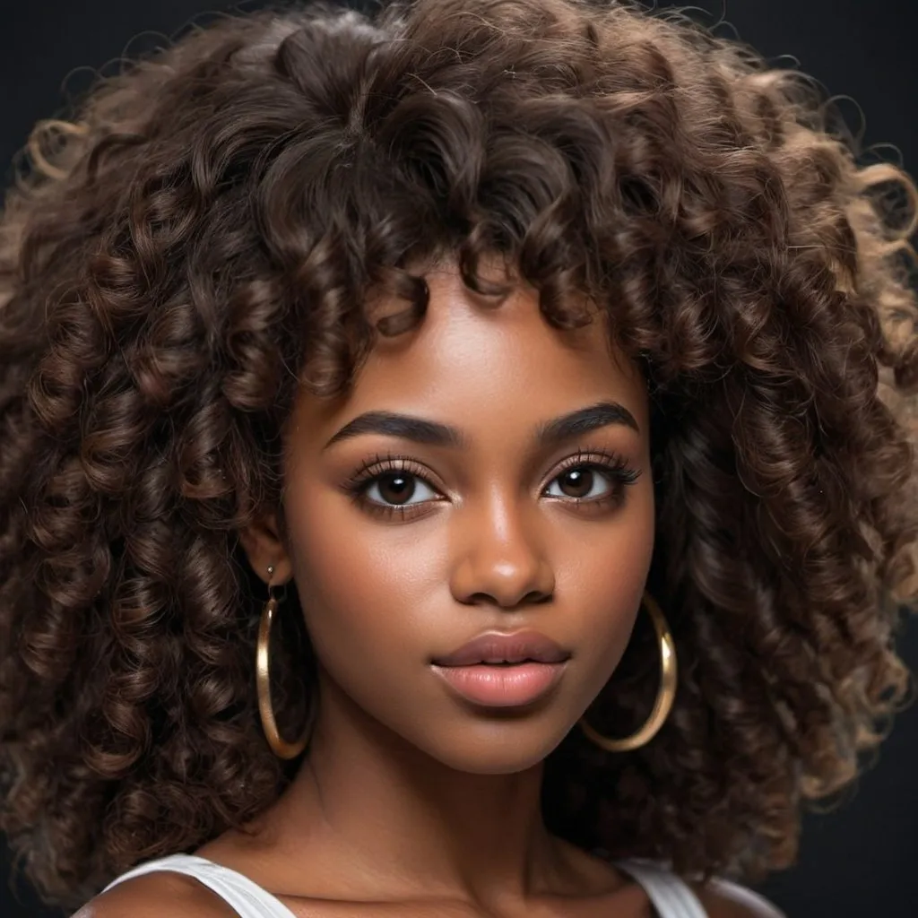 Prompt: create a young darkskin woman with big curly hair, plump lips, deep brown eyes, a long nose, and soft features