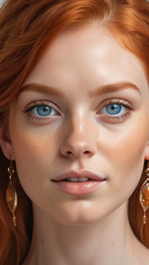 Prompt: A beautiful model with red hair and blue eyes, wearing earrings, close-up of her face in a full front portrait against a light background in the style of ultra-realistic photo with an orange color scheme depicted with high definition and natural lighting. The portrait shows complex detail and super detailed, fine, realistic skin texture.