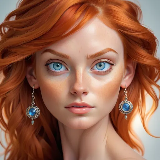 Prompt: A beautiful model with red hair and blue eyes, wearing earrings, close-up of her face in a full front portrait against a light background in the style of ultra-realistic photo with an orange color scheme depicted with high definition and natural lighting. The portrait shows complex detail and super detailed, fine, realistic skin texture.