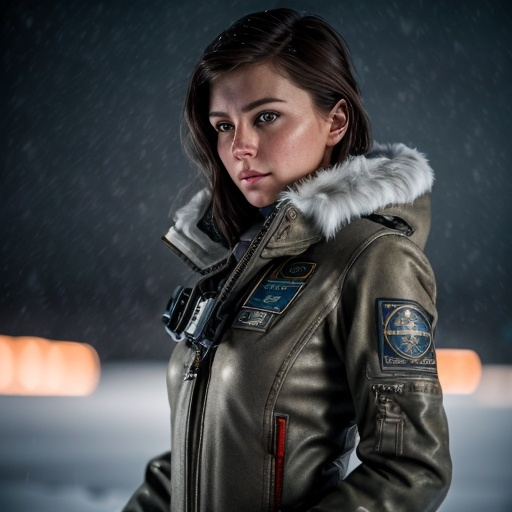 Prompt: A beautiful brunette pilot girl, beautiful, moody lighting, best quality, full body portrait, real picture, intricate details, depth of field, in a cold snowstorm, , Fujifilm XT3, outdoors, Beautiful lighting, RAW photo, 8k uhd, film grain, unreal engine 5, ray trace