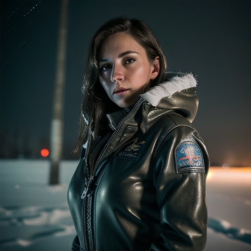 Prompt: A beautiful brunette pilot girl, beautiful, moody lighting, best quality, full body portrait, real picture, intricate details, depth of field, in a cold snowstorm, , Fujifilm XT3, outdoors, Beautiful lighting, RAW photo, 8k uhd, film grain, unreal engine 5, ray trace