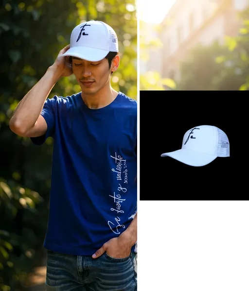 Prompt: Él modelo lleva la gorra de la segunda
imagen.