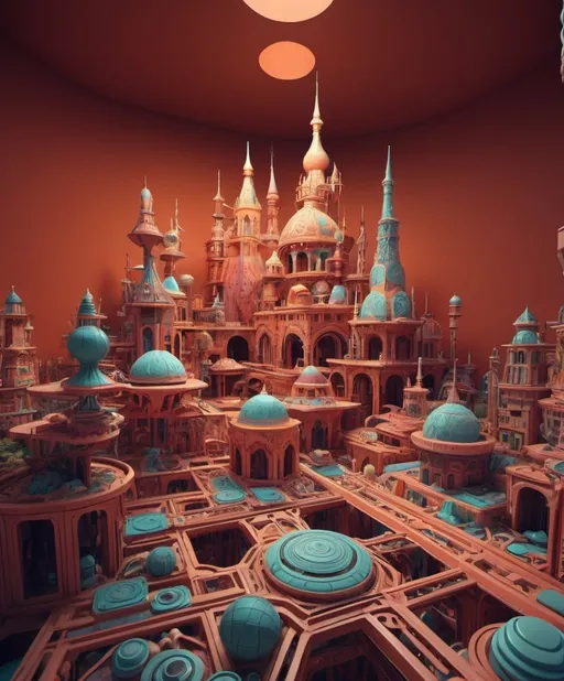 Prompt: A complex and intricate 3D environment with multiple structures, a vibrant  color scheme, and a variety of shapes and patterns.