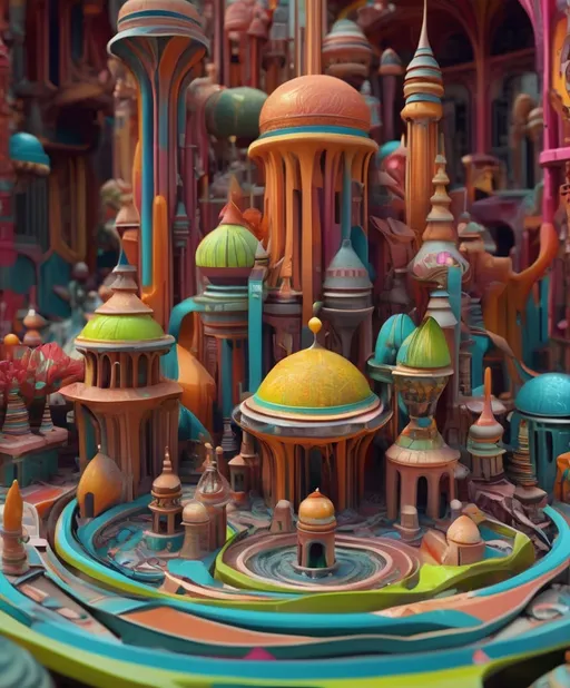 Prompt: A complex and intricate 3D environment with multiple structures, a vibrant  color scheme, and a variety of shapes and patterns.