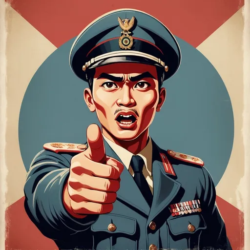 Prompt: accurately spelled caption ("Kami butuh anda! Penuhi hak anda!") propaganda poster , Indonesian army man, strong gaze, pointing finger at you, and authoritative pose, vintage color palette with muted reds and blues, bold typography, emphasizing urgency and patriotism, retro aesthetics, emphasizing recruitment theme, highly detailed and dynamic expression, eye-catching composition, high-quality illustration, (inspired by classic wartime recruitment art).