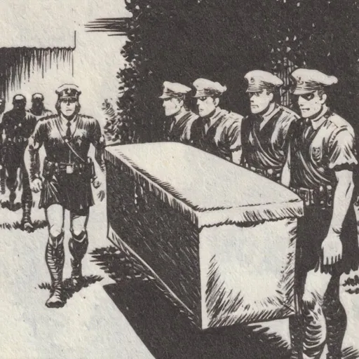 Prompt: I need to create an image that denotes sadness, in which several police officers are seen carrying a coffin between them.