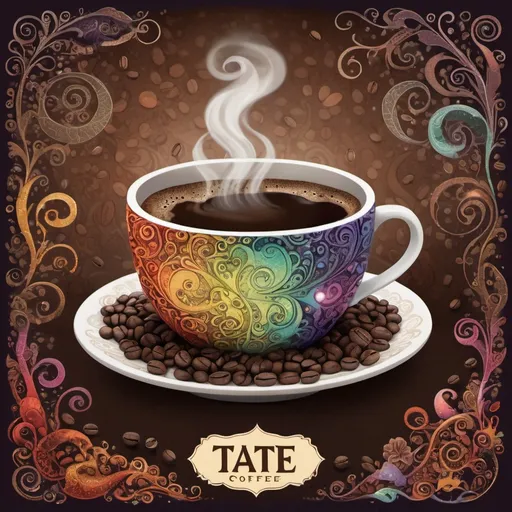 Prompt: Fantasy-style illustration of a unique blend coffee slip 90mm by 90mm with the word tate, intricate details of magical coffee beans, whimsical steam patterns, vibrant and surreal colors, high quality, fantasy, detailed coffee beans, whimsical design, vibrant colors, magical steam, intricate patterns, professional-level detail, surreal atmosphere, atmospheric lighting