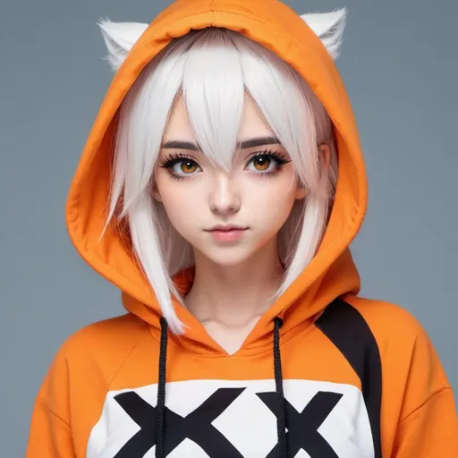 Prompt: white haired cute anime girl with orange hoodie with a x on it and sharp black eyelashes