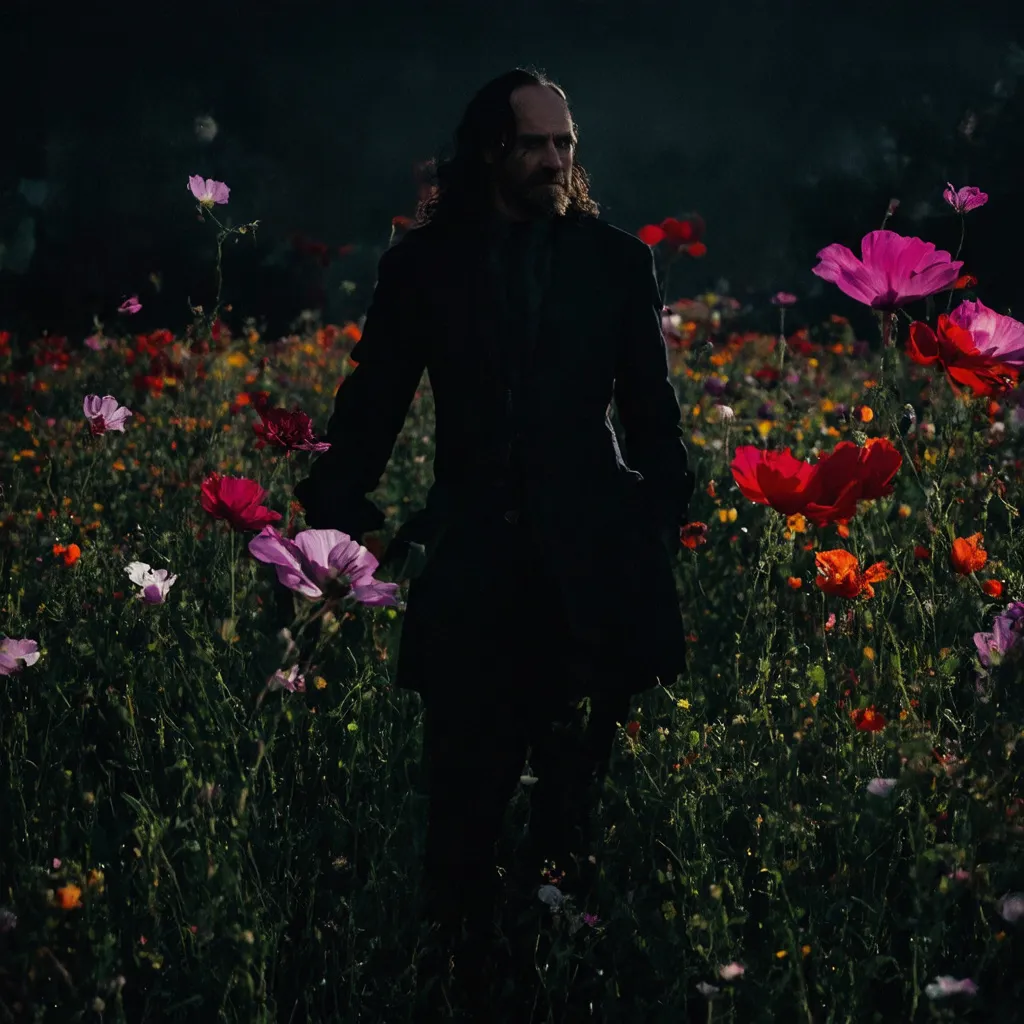 Prompt: (mesmerizing double image), surrealism, and Burton influenced romanticism (non diegetic sound) low-key lighting, high camera angle and close up camera shots, a field of flowers that are personified to appear to look like the dark but paleness of death but blended to the flower and the petals, silhouette of  Charles Manson, dark eerie vibes in the background, complimentary contrasting colors, euphoric and dreamlike set in a time of enchanting arousal and antiquity. High contrasting deep moody colors soft undertones, high resolution, intense street photography, intricate details, high resolution, flowers triple and cascade as they dance in the cool breath of the wind 