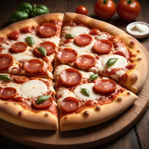 Prompt: Delicious pizza on a wooden table, fresh ingredients, high definition, realistic, Italian restaurant ambiance, warm lighting, appetizing pepperoni slices, melted mozzarella cheese, golden crust, savory tomato sauce, steam rising, authentic, classic, appetizing, detailed toppings, professional food photography