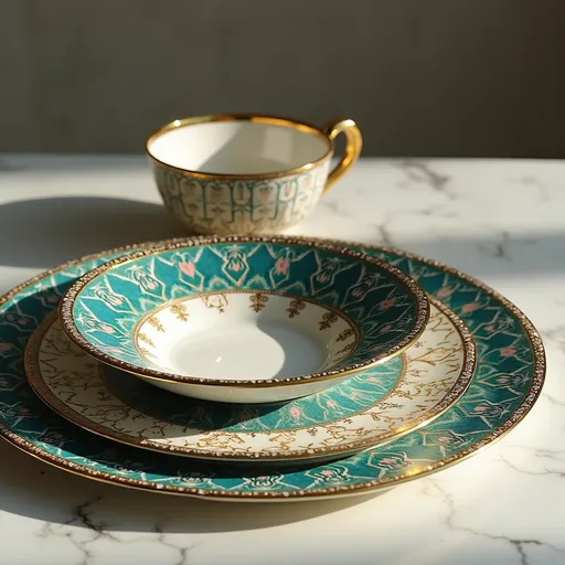 Prompt: Créez une collection de vaisselle de luxe, comprenant une assiette plate, une assiette creuse, un bol, une tasse à thé et une soucoupe, inspirée des motifs traditionnels algériens de zellige et de faïence. Les motifs doivent être une interprétation moderne et sophistiquée des motifs traditionnels, en utilisant des couleurs tendance telles que le bleu saphir profond, le vert émeraude, l'or rose et le blanc cassé. Les motifs doivent être délicats et complexes, avec des lignes fines et des formes géométriques. La vaisselle doit avoir une finition brillante et un aspect luxueux, avec des détails en or ou en platine. Le fond doit être blanc cassé ou beige clair, pour mettre en valeur les motifs colorés. La scène doit être éclairée de manière douce et élégante, mettant en valeur les détails de la vaisselle. L'ensemble doit évoquer un sentiment de raffinement et de sophistication, tout en conservant l'authenticité des motifs algériens."

Style artistique : "style réaliste", 
Inspiration : Maître Boumehdi