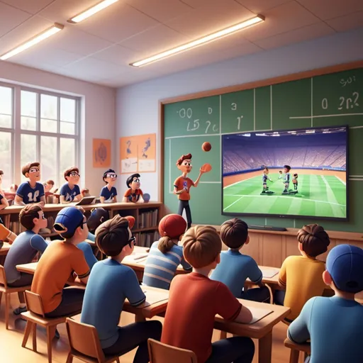 Prompt: a group of students watching a video about sports at classroom in pixar style