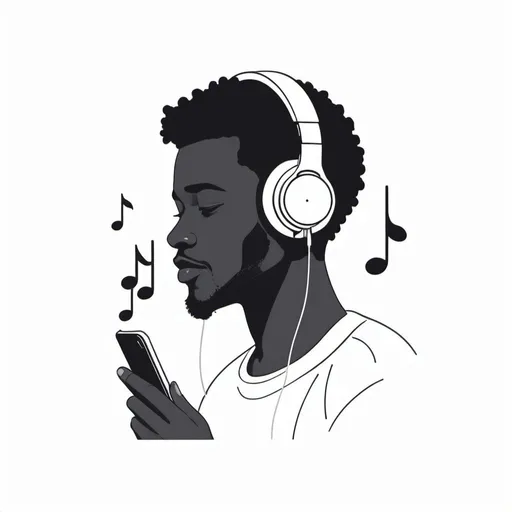 Prompt: Clean vector illustration on a white background of a black person listening music on cellphone. The design should be straightforward and minimalistic.