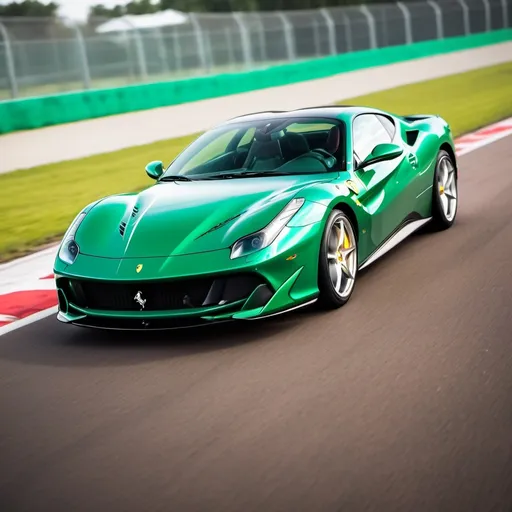 Prompt: vibrant inkpunk style photo of a Ferrari v8 sports car (green)
driving on a racing track while the car is turning 