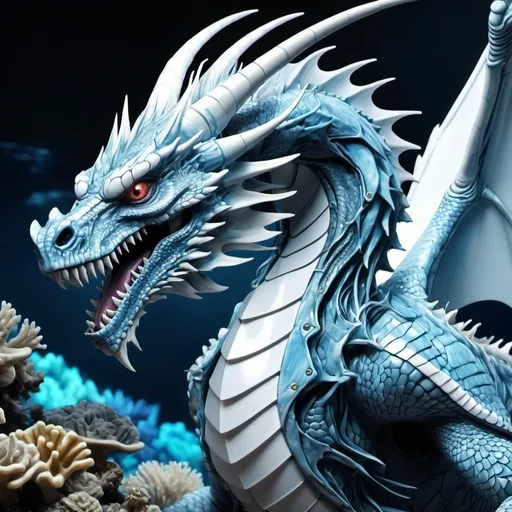 Prompt: Anime cyberpunk style, light blue and white dragon in great barrier reef realistic, highly detailed, HD, dark background
