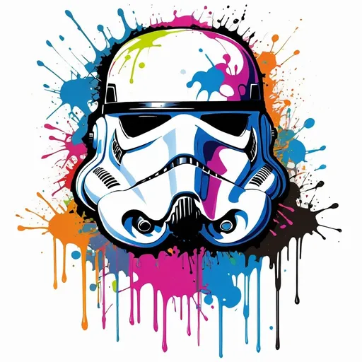 Prompt: Colorful graffiti illustration of a stormtrooper in revert colours , paint splashes, vector t-shirt art, white background