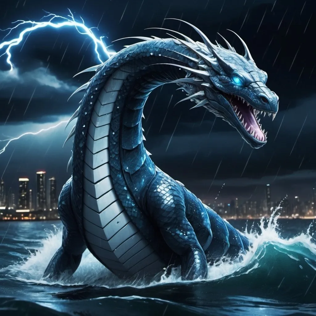 Prompt: Anime cyberpunk style, sea serpent with no wings and has diamond blue scales dark blue eyes white underbelly on rough water with lightning and rain during the night, highly detailed, HD, dark background