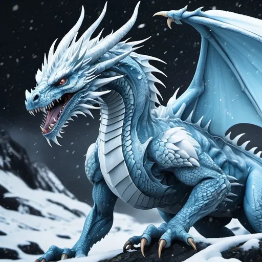 Prompt: Anime cyberpunk style, light blue and white dragon in snowing Alaskan wilderness realistic, highly detailed, HD, dark background