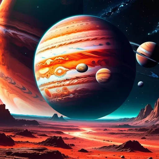 Prompt: Anime-style space scene with Jupiter in the foreground, Mars in the middle ground, and Saturn in the background, vibrant and cosmic color tones, detailed planetary features, futuristic anime spacecraft, star-filled sky, high quality, anime, space, cosmic colors, detailed planets, futuristic spacecraft, vibrant, star-filled sky