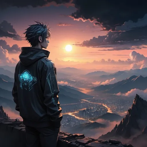 Prompt: Anime cyberpunk style, man looking off at clouds and sunset from  high mountain range, highly detailed, HD, dark background