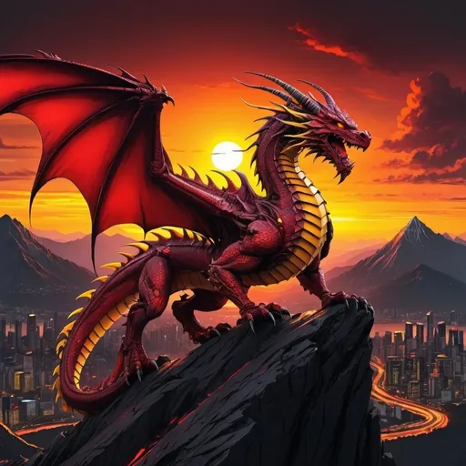 Prompt: Anime cyberpunk style, dragon red and yellow on mountain while sunsets, highly detailed, HD, dark background