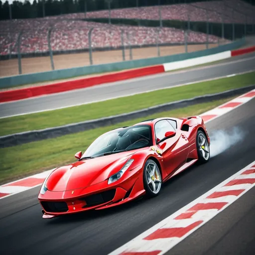 Prompt: vibrant inkpunk style photo of a Ferrari v8 sports car driving on a racing track while the car is turning 